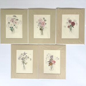 Mary Lou Goertzen Set of 5 Lithographs Signed Matted Watercolor Flowers Print